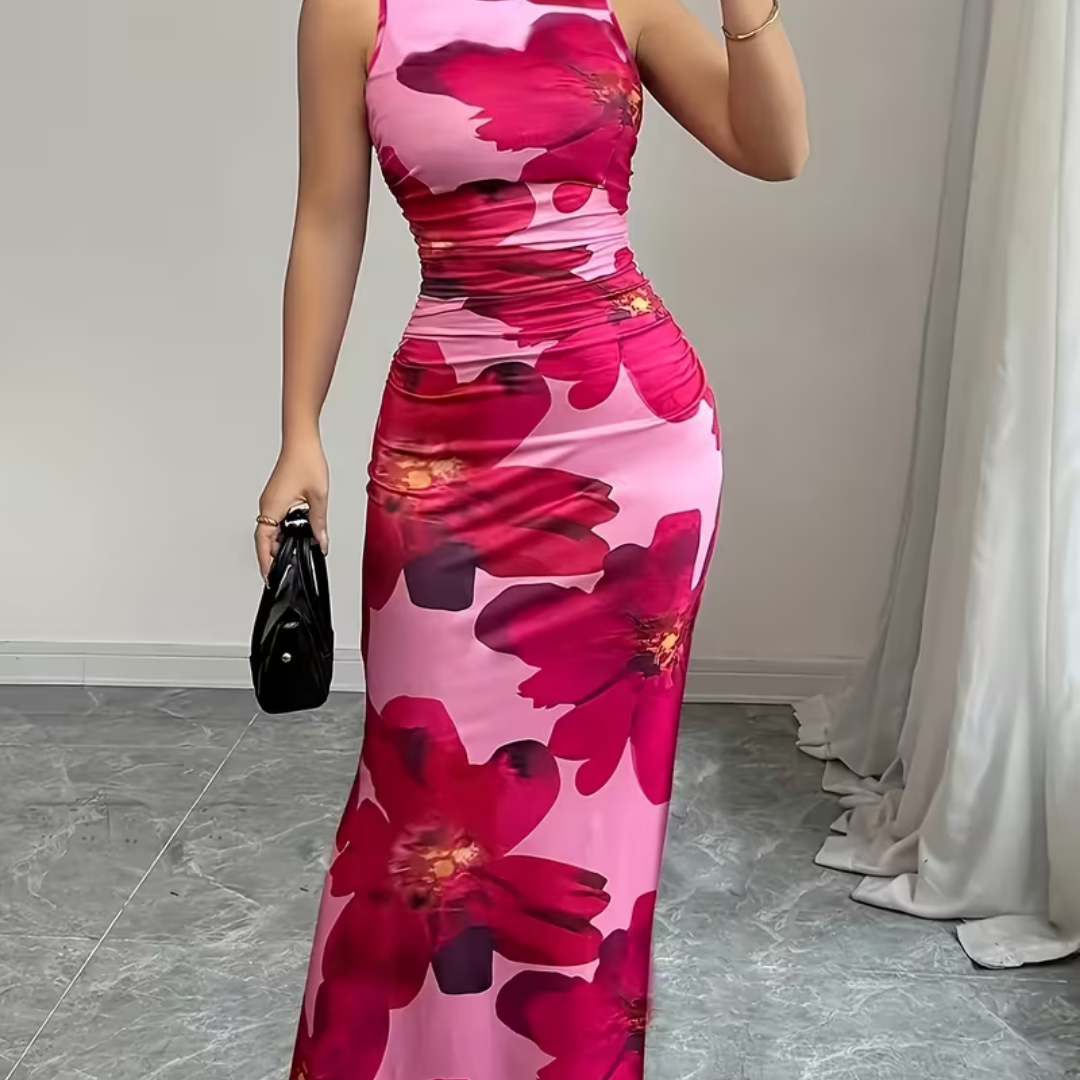 Printed Waist-Cinching Midi Dress