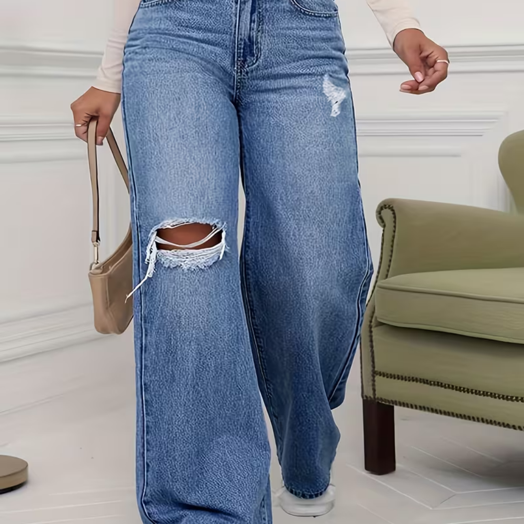 Distressed Wide-Leg Denim Jeans