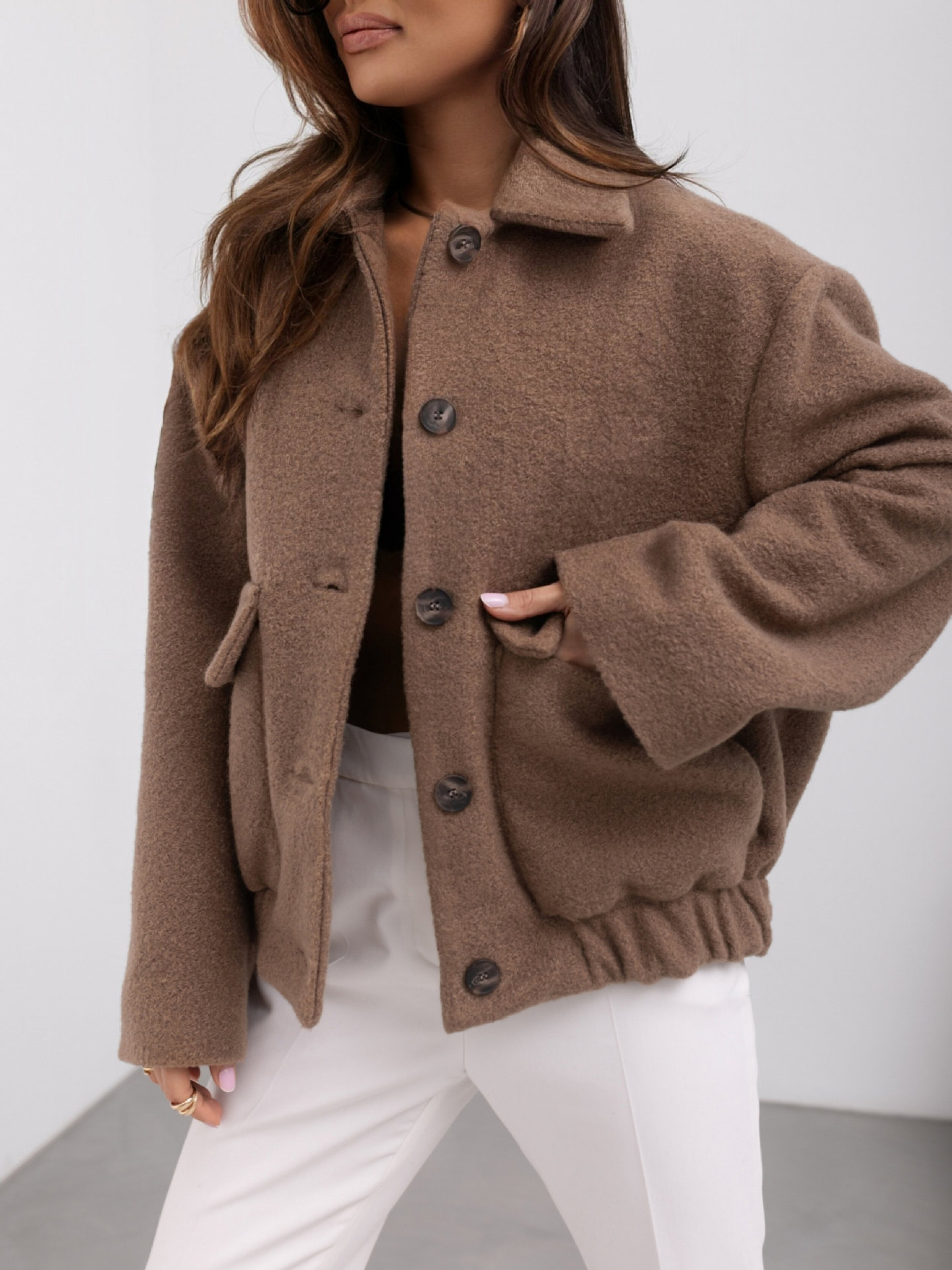 Women's Solid Color Casual Button Woolen Jacket - Image 3