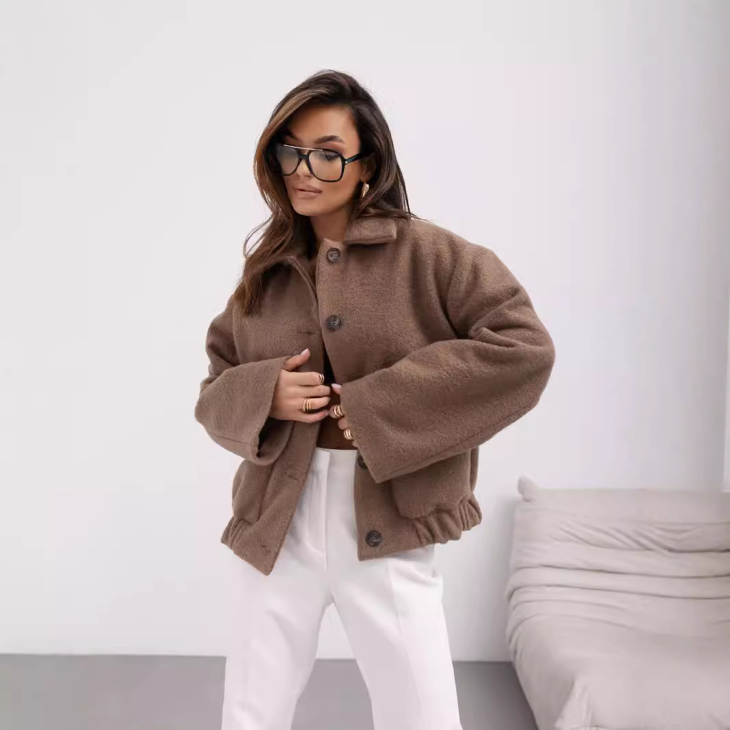 Women's Solid Color Casual Button Woolen Jacket - Image 4
