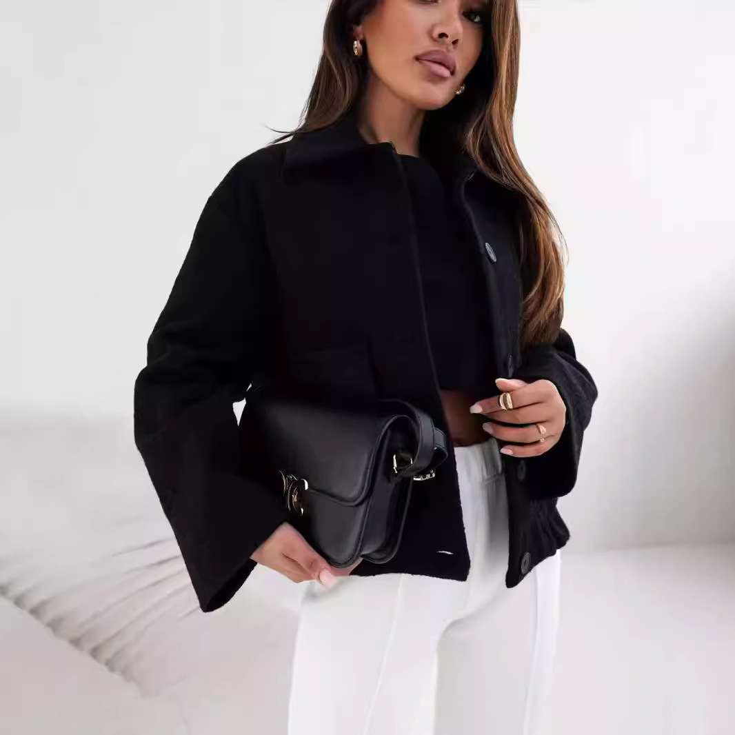 Women's Solid Color Casual Button Woolen Jacket - Image 7